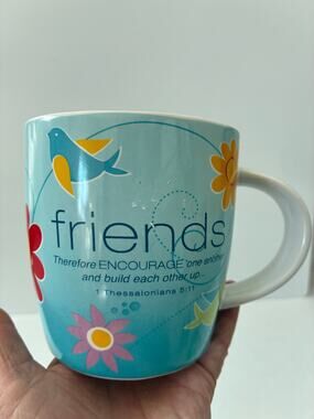 Lighthouse Mug Friends Blue Colorful Red Yellow Floral and Birds Ceramic 16 oz